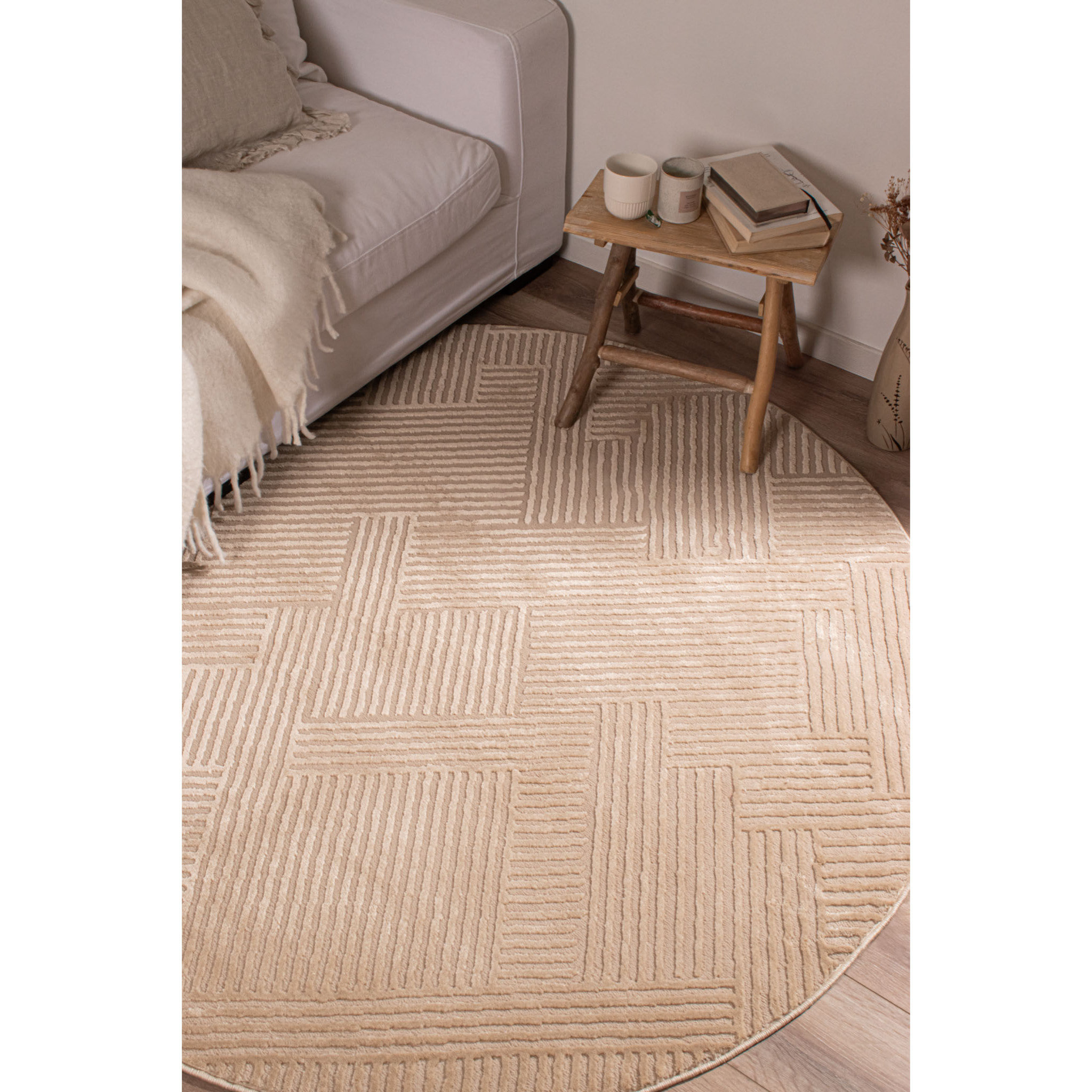 BIANCA - Tapis rond à motif graphique en relief - Beige