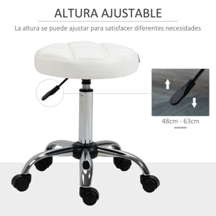 Taburete Giratorio con Ruedas Regulable en Altura de 48-63 cm Taburete de Trabajo Tapizado en Cuero PU para Peluquería Cosmética Dentista Diámetro Ø35,5 cm Blanco
