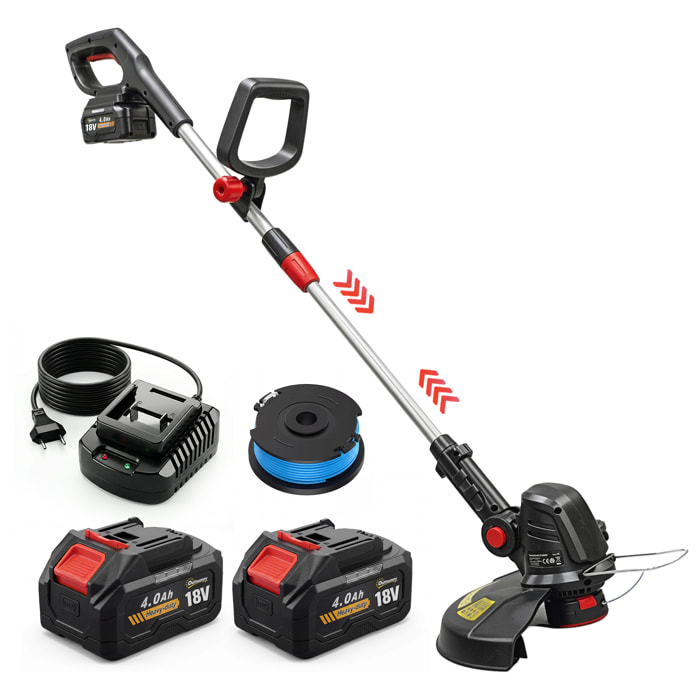 Desbrozadora Batería 18V Cortabordes Eléctrico 2 en 1 con 2 Baterías de 4.0Ah y Cargador Motor sin Escobillas Barra Ajustable Cabezal y Mango Regulables Ancho Corte 25 cm Protector Frontal