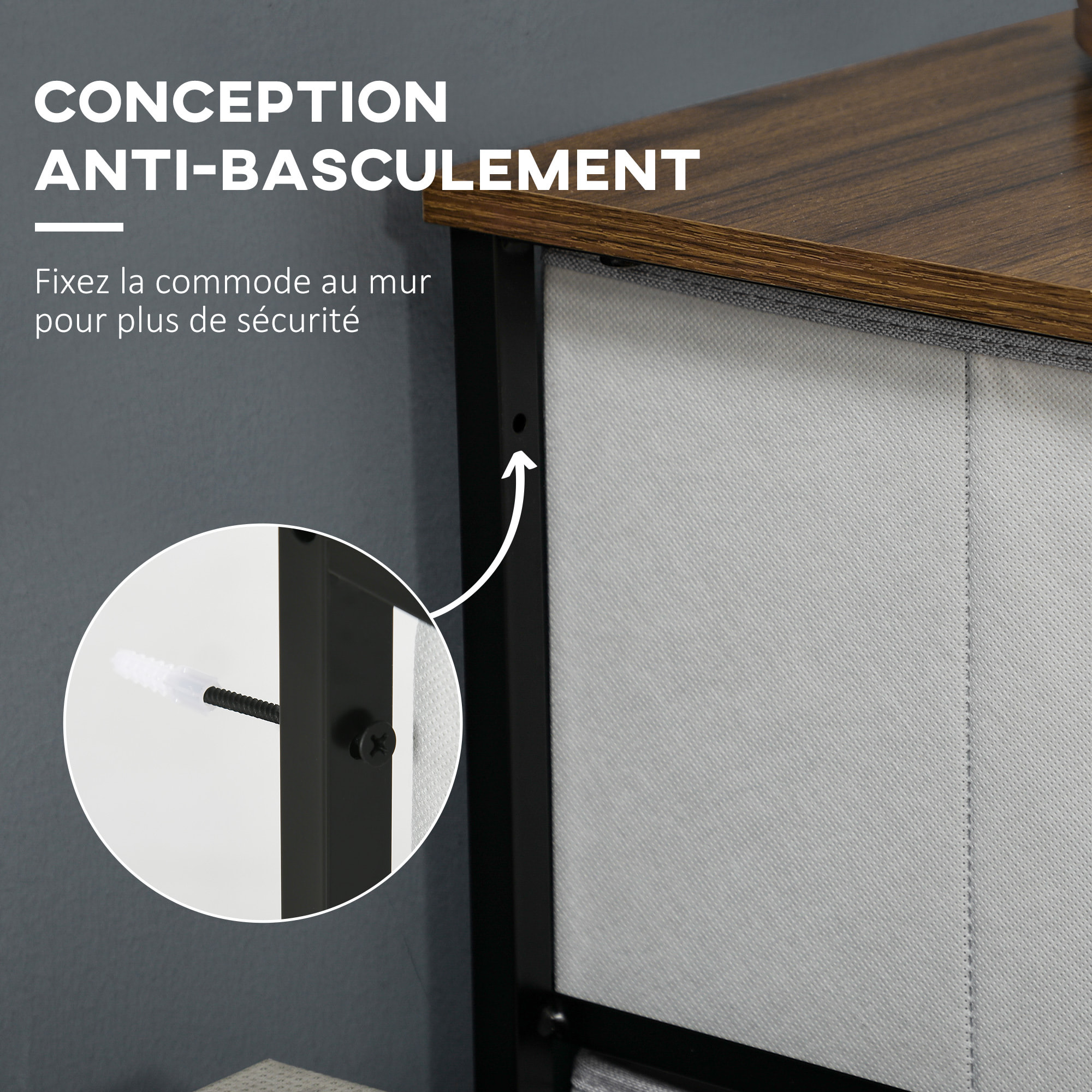 Commode meuble de rangement 8 tiroirs pliables châssis acier noir plateau aspect bois non tissé gris