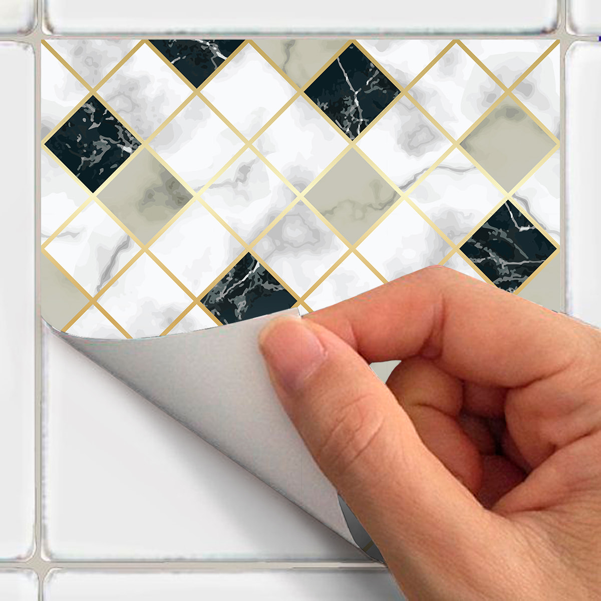 Stickers muraux - Sticker Mural Carrelage adhésif Cuisine Salle de Bain - 24 STICKERS CARRELAGES EFFET MARBRÉ BLANC BEIGE ET NOIR