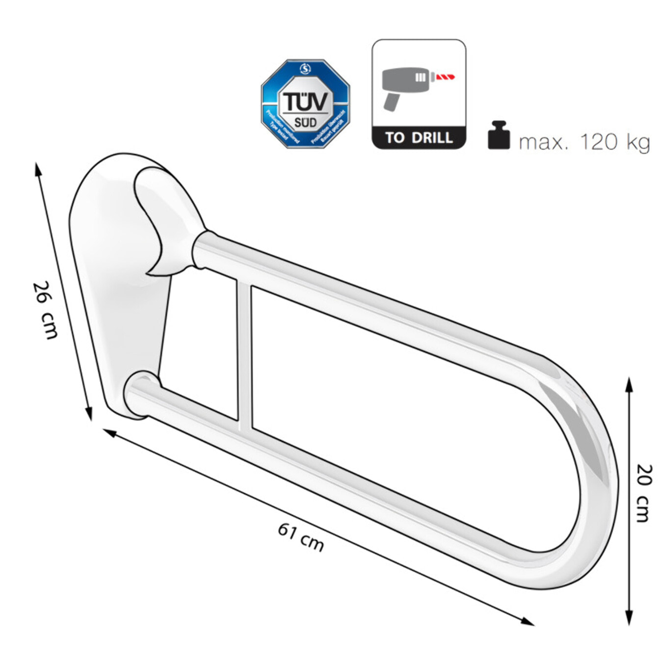 Barre de redressement ou d'appui Acier Inox 61x35,5cm Chrome Spirella