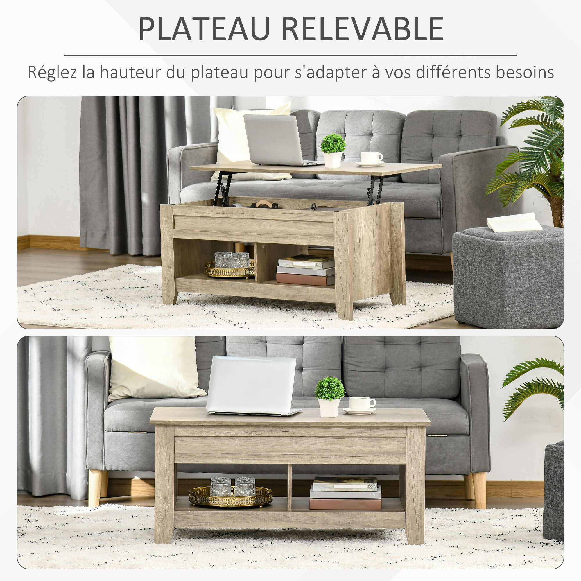 Table basse rectangulaire plateau relevable 2 niches et coffre panneaux particules aspect chêne clair