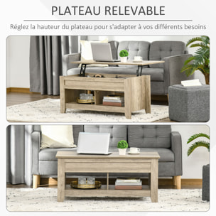 Table basse rectangulaire plateau relevable 2 niches et coffre panneaux particules aspect chêne clair