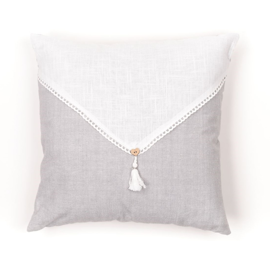 Coussin déhoussable avec pompon coton uni CHARME gris clair