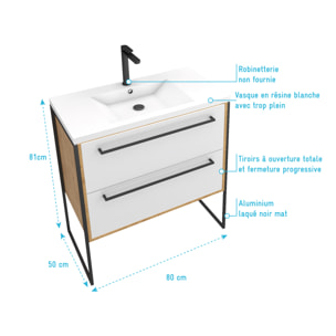 Ensemble Meuble de salle de bain blanc 80cm + vasque en résine blanche 80x50 + tiroirs blanc mat