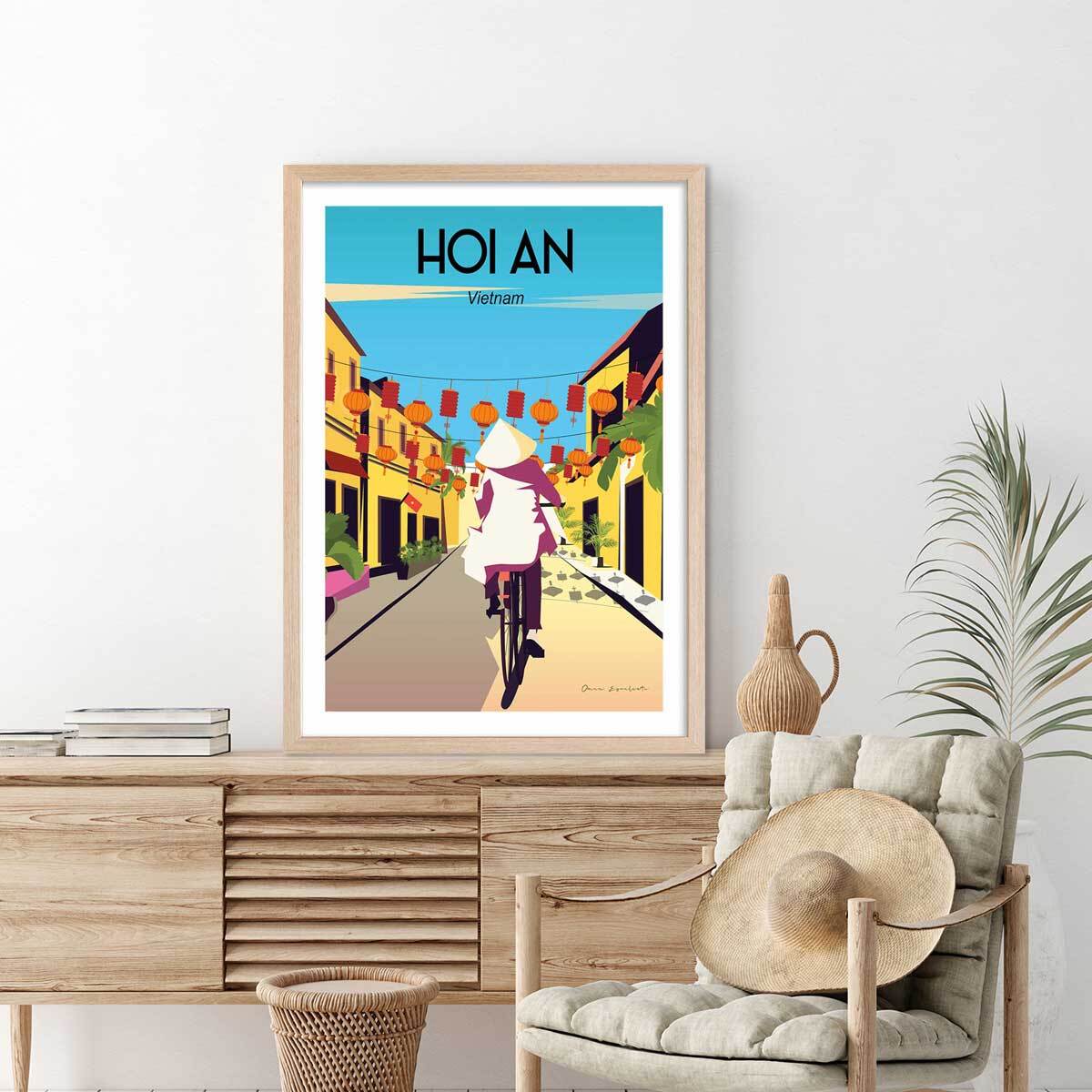 Affiche ville voyage Hoi An Vietnam Affiche + cadre en bois - Chêne