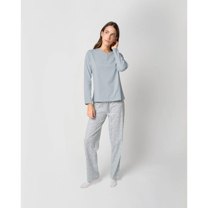 Pijama largo de algodón con escote pico doce azul agua