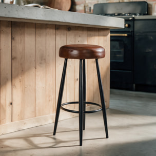 Tabouret pour îlot central 65 cm en cuir de buffle marron foncé - Malo