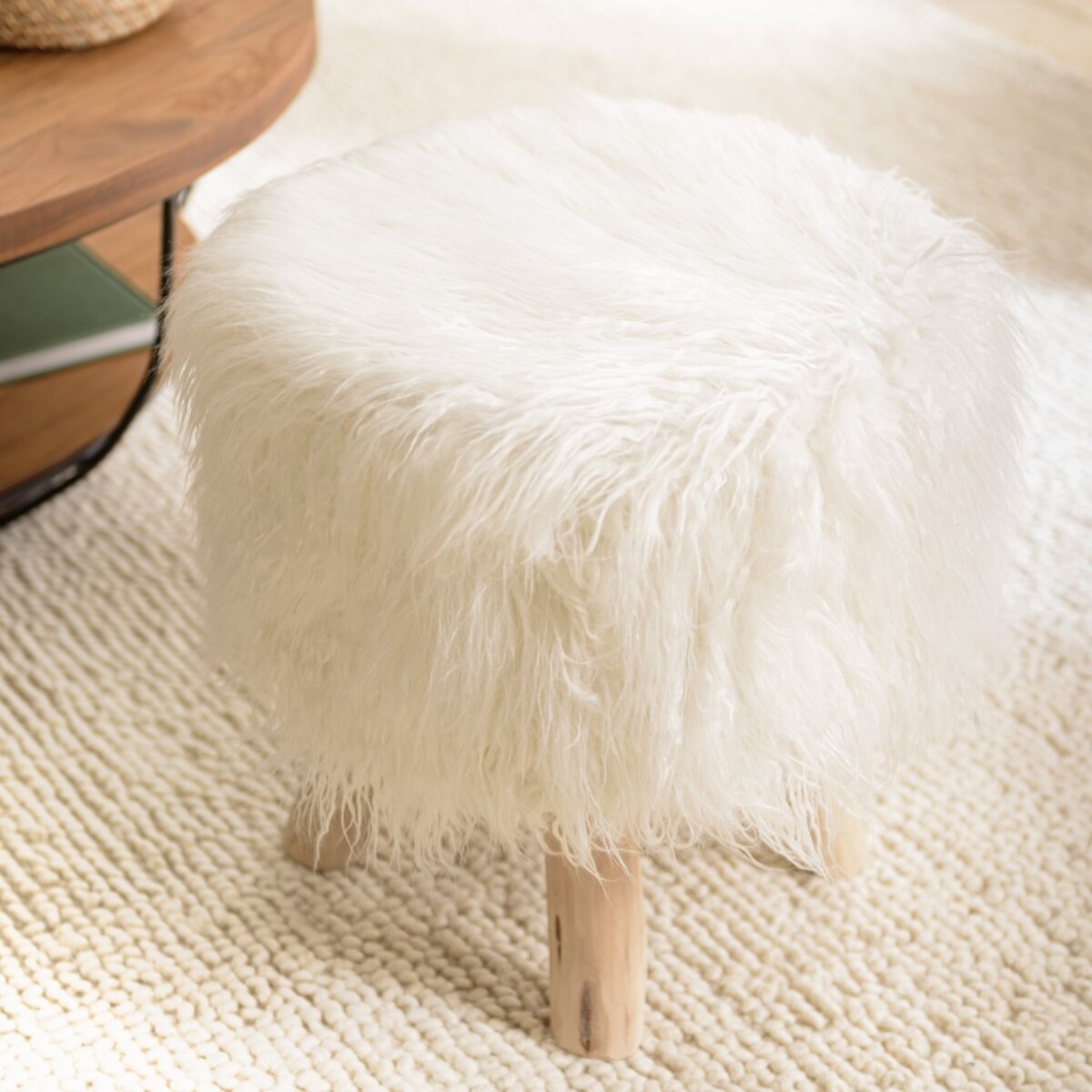 SACHA - Tabouret rond 40x40cm peau de mouton couleur ivoire pieds bois