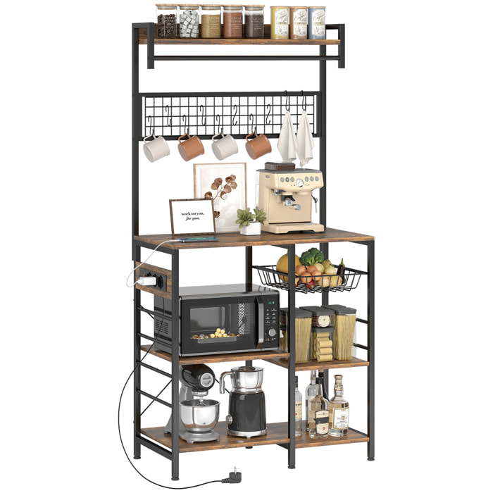 Estantería de Cocina con Tres Enchufes y Luces LED, Estantería de Panadería Industrial con Estantes para Microondas, Cesta de Malla Metálica, Ganchos, Barra 80x42x162 cm, Marrón Rústico y Negro