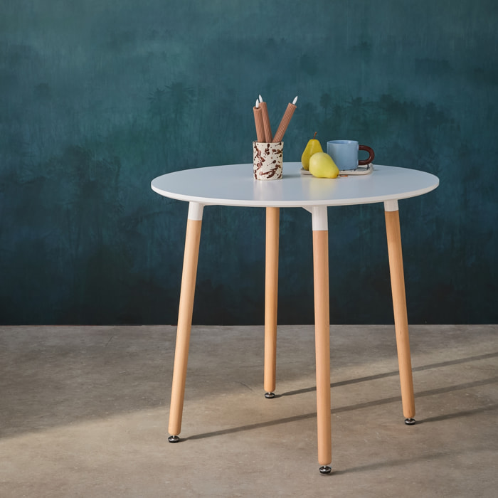 Table à manger blanche ronde Ø80cm MDF et bois de hêtre - Hedvig