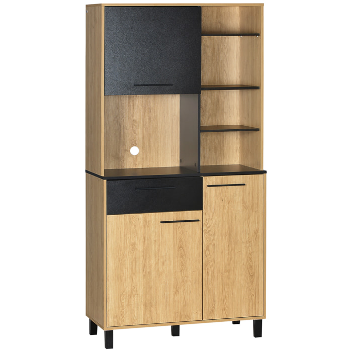 Buffet haut multi-rangement 3 portes tiroir 5 niches bicolore aspect bois clair noir