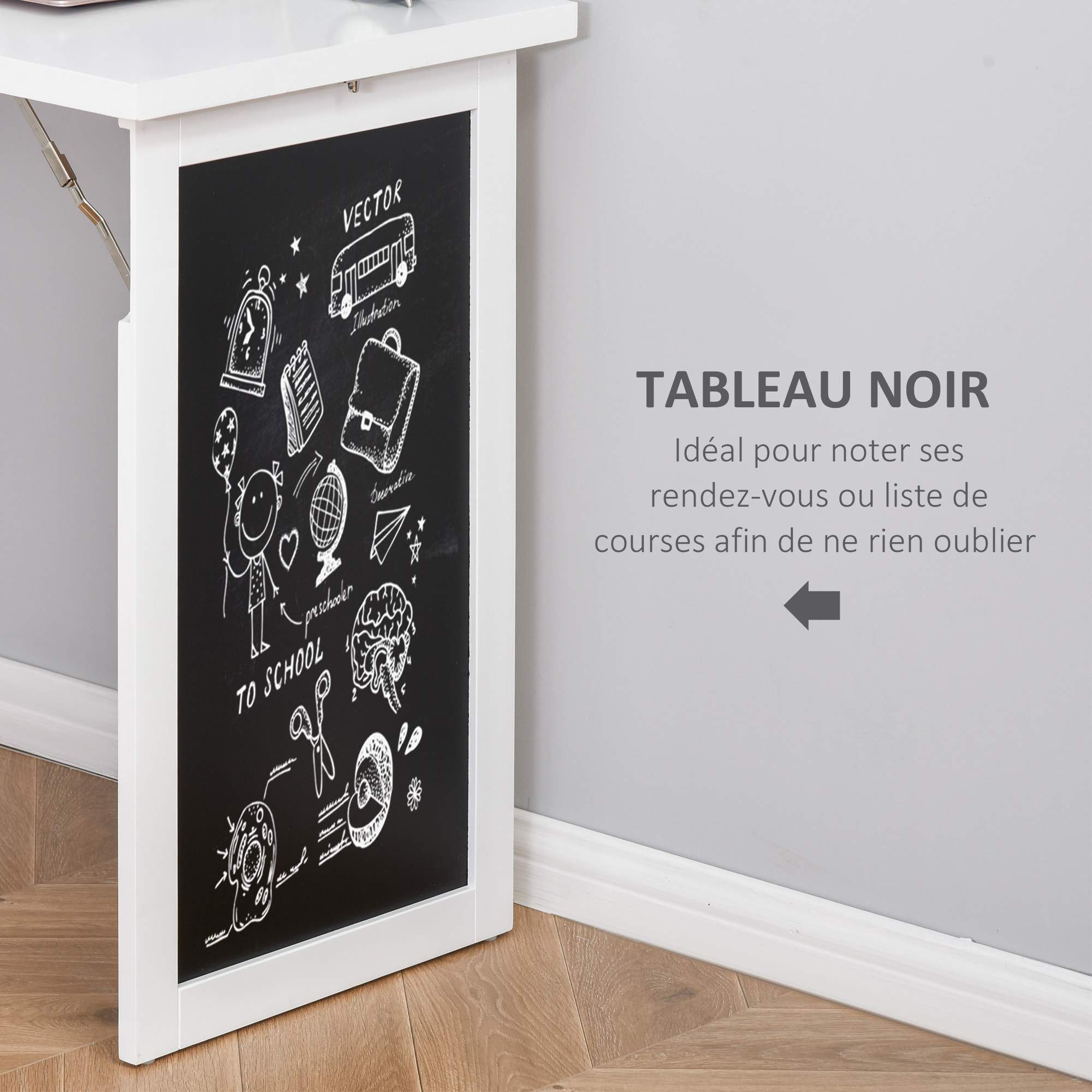 Bureau mural pliable table murale rabattable suspendue sur pied avec bibliothèque tableau à craie intégré panneaux particules blanc