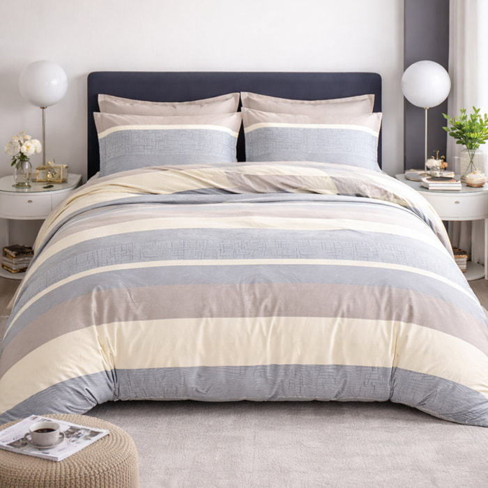 Parure housse de couette 240x220 cm 100% percale de coton - Orly imprimé rayures gris beige