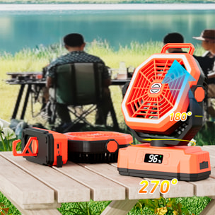 Ventilatore P60 con motore senza spazzole, LED con 32 luci, 5 velocità e 3 livelli di luminosità. Oscillazione di 120° e angolo regolabile di 90°. Con gancio per appendere e powerbank da 20000 mAh.