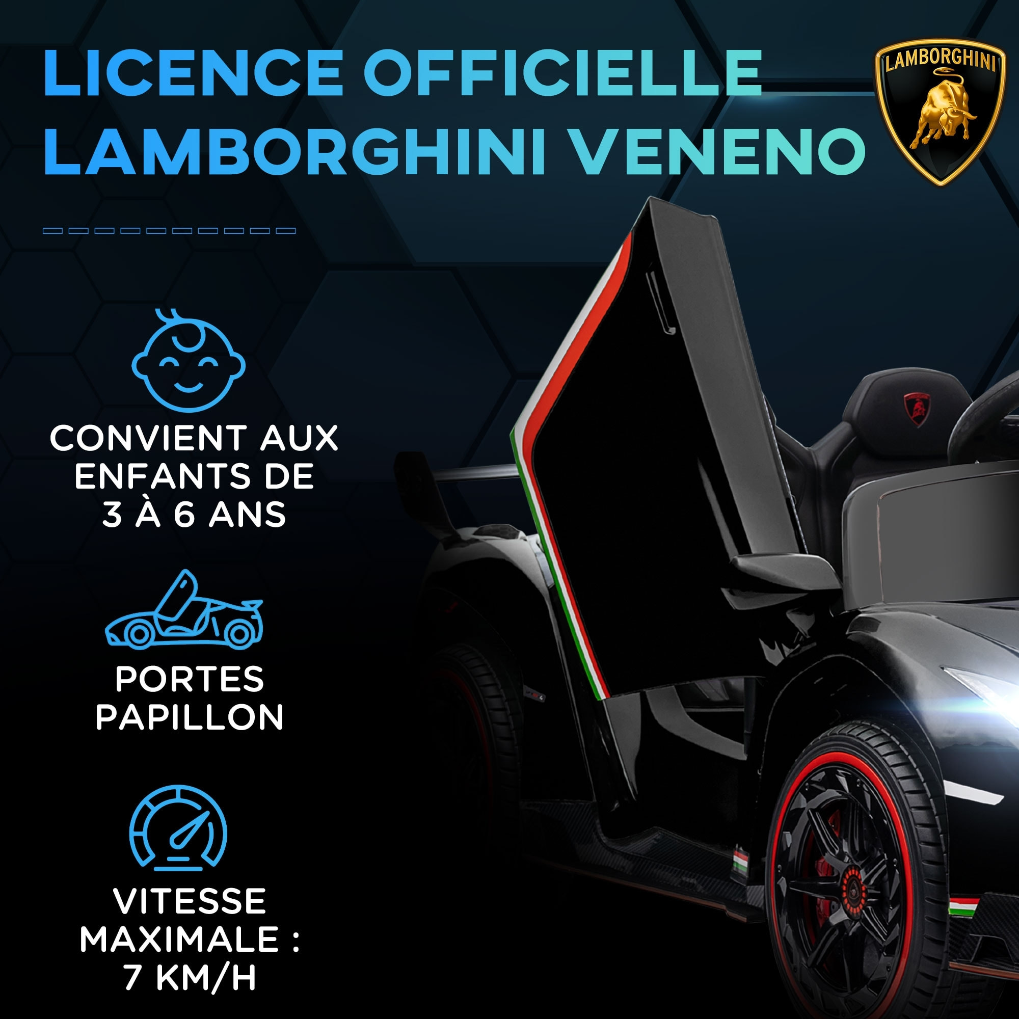 Voiture électrique enfant licence Lamborghini Veneno V. max. 7 Km/h télécommande ouverture portes MP3 USB effets sonores lumineux noir