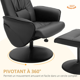 Fauteuil relax inclinable pivotant style contemporain avec repose-pied revêtement synthétique noir