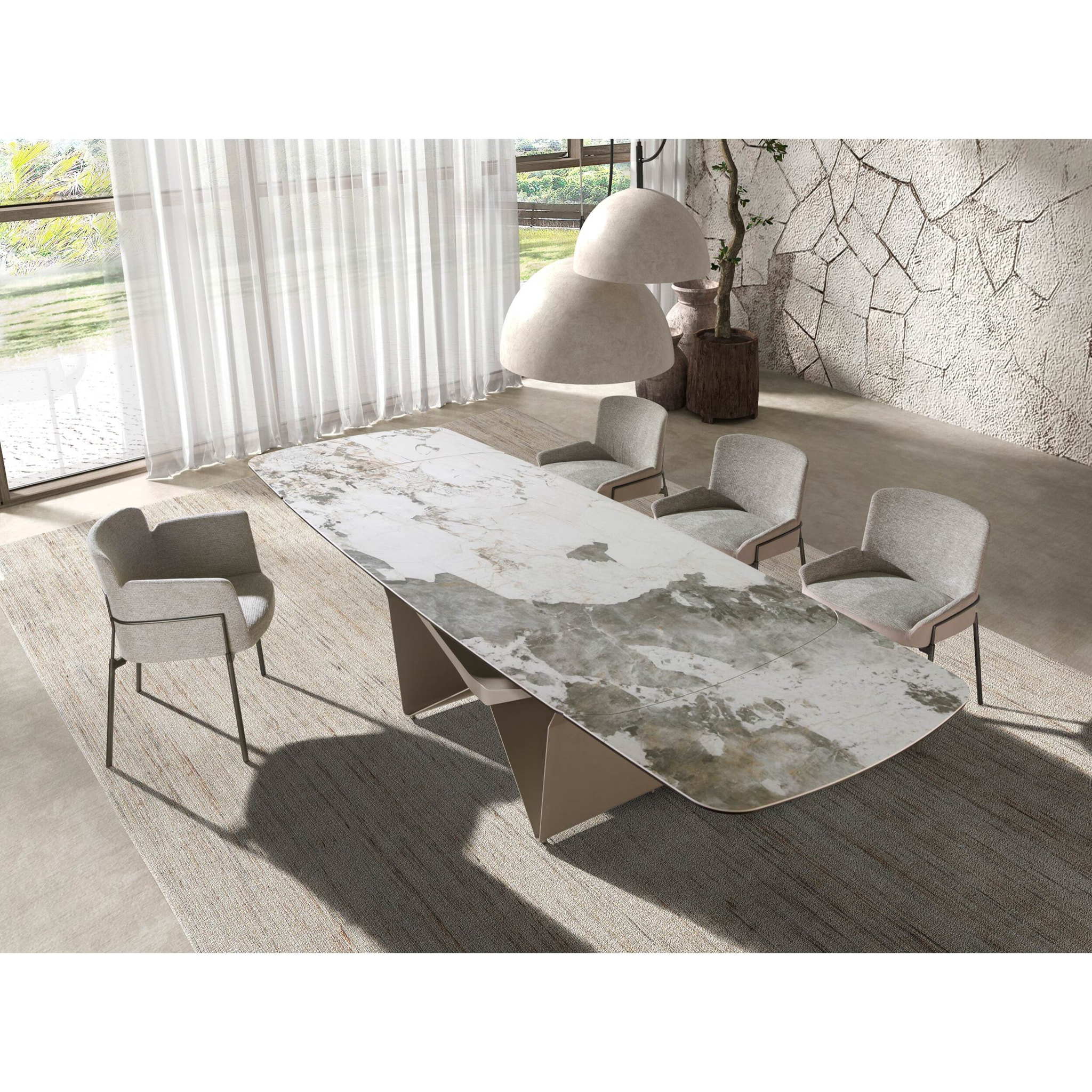 Mesa comedor extensible ovalada barril con tapa de mármol porcelánico blanco con vetas en tonalidades grises y marrones en acabado mate 200x100x76cm