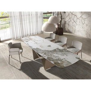 Mesa comedor extensible ovalada barril con tapa de mármol porcelánico blanco con vetas en tonalidades grises y marrones en acabado mate 200x100x76cm