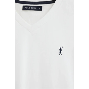 Camiseta blanca de cuello pico con logo Rigby Go