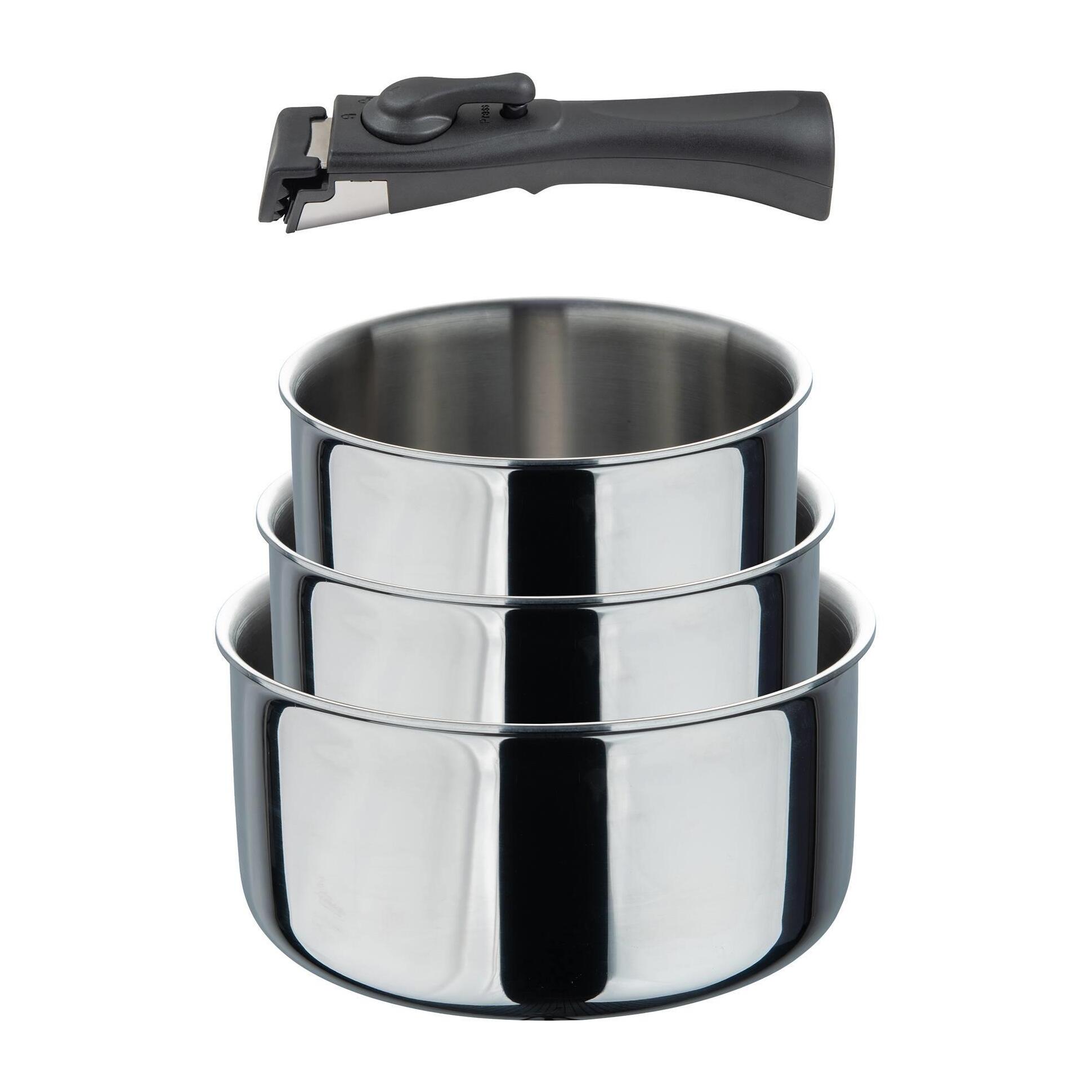 set de 3 cazos ø16ø18ø20cm sin revestimientos + mango desmontable en acero inoxidable