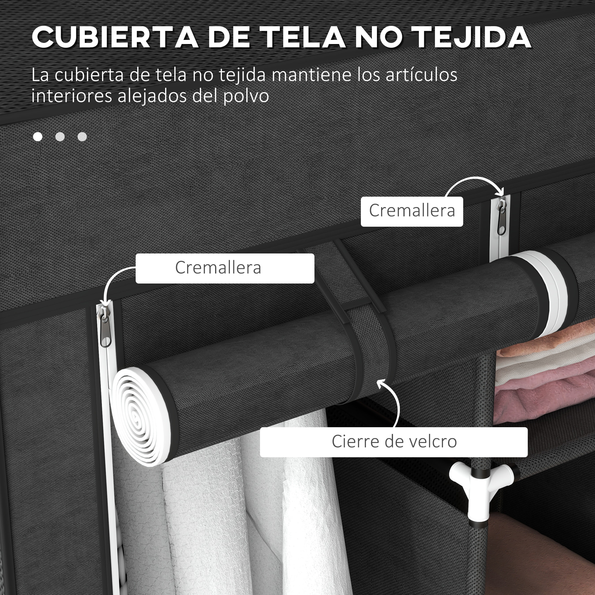 Armario de Tela Plegable, Armario Portátil con 2 Barras para Colgar, 8 Estantes, Marco de Acero, para Dormitorio, Vestidor, 125x43x162,5 cm, Negro