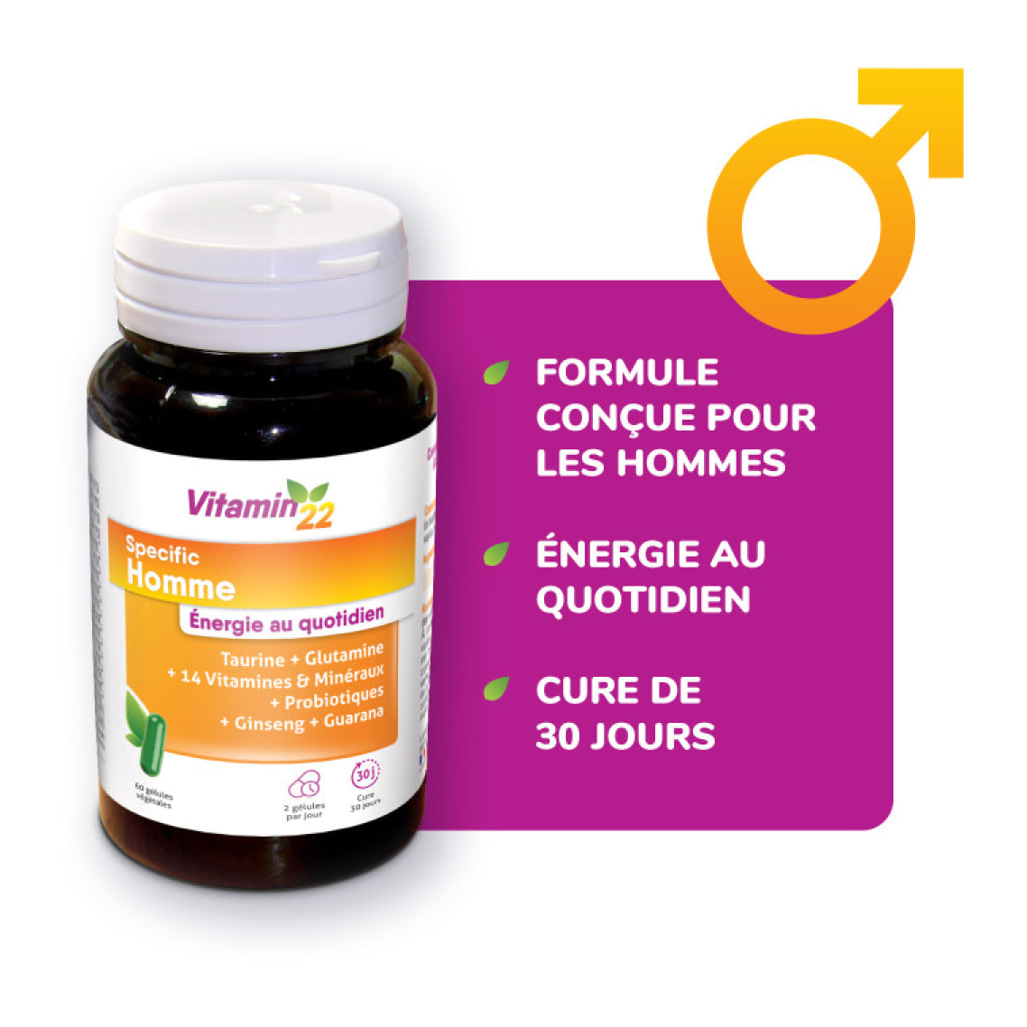 VITAMIN 22 - Specific Homme - Complément alimentaire à base de 14 vitamines et minéraux - Répondre aux besoins spécifique de l'homme - Sans gluten - Fabriqué en France - Lot de 2