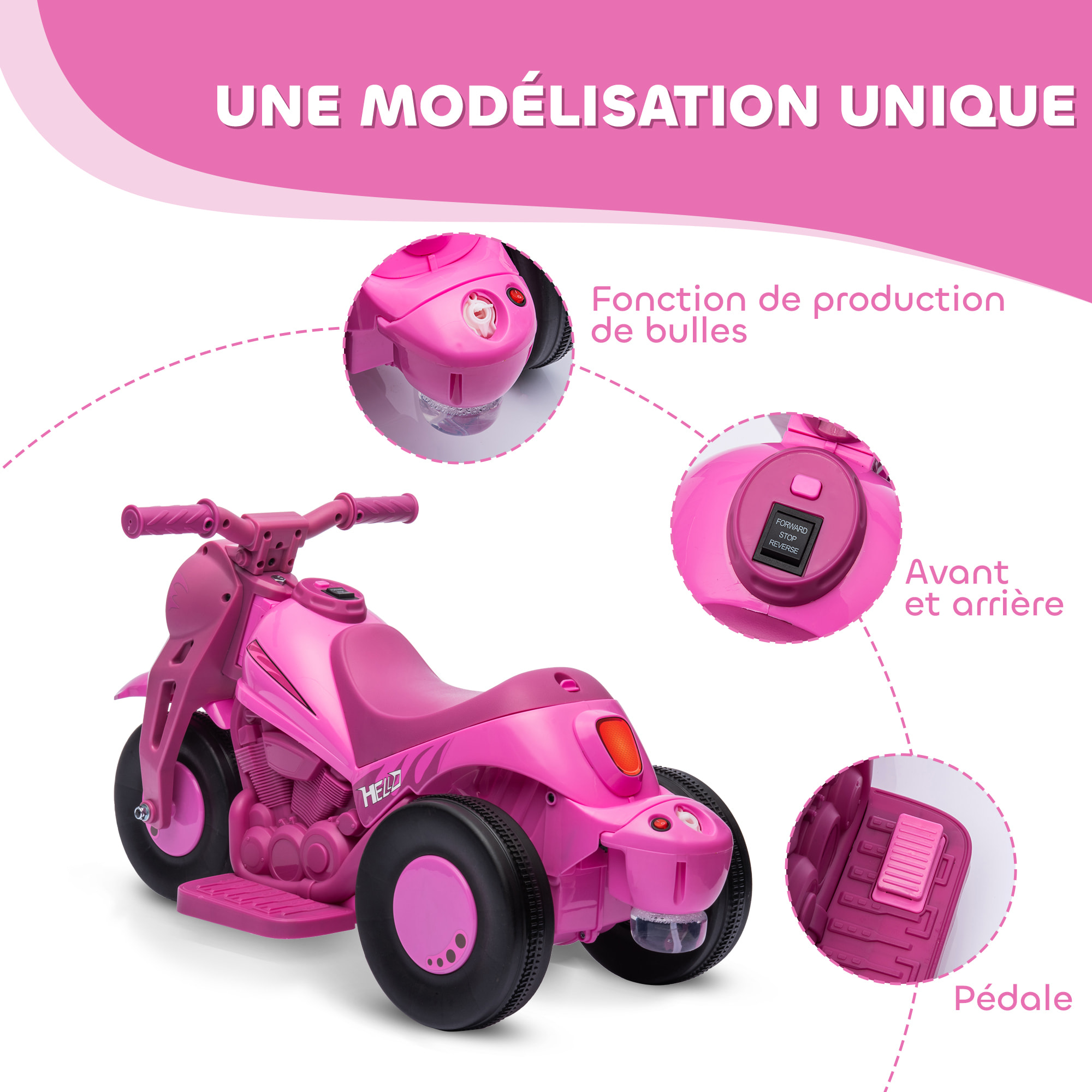 Moto électrique enfant chopper 6V env. 3Km/h 3 roues effets lumineux sonores fonction bulles rose