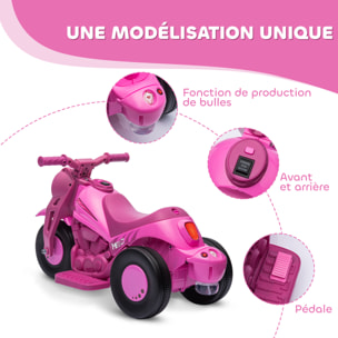 Moto électrique enfant chopper 6V env. 3Km/h 3 roues effets lumineux sonores fonction bulles rose