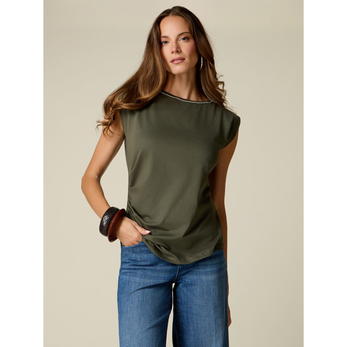 Oltre - Top de punto con bordado joya - Verde militare