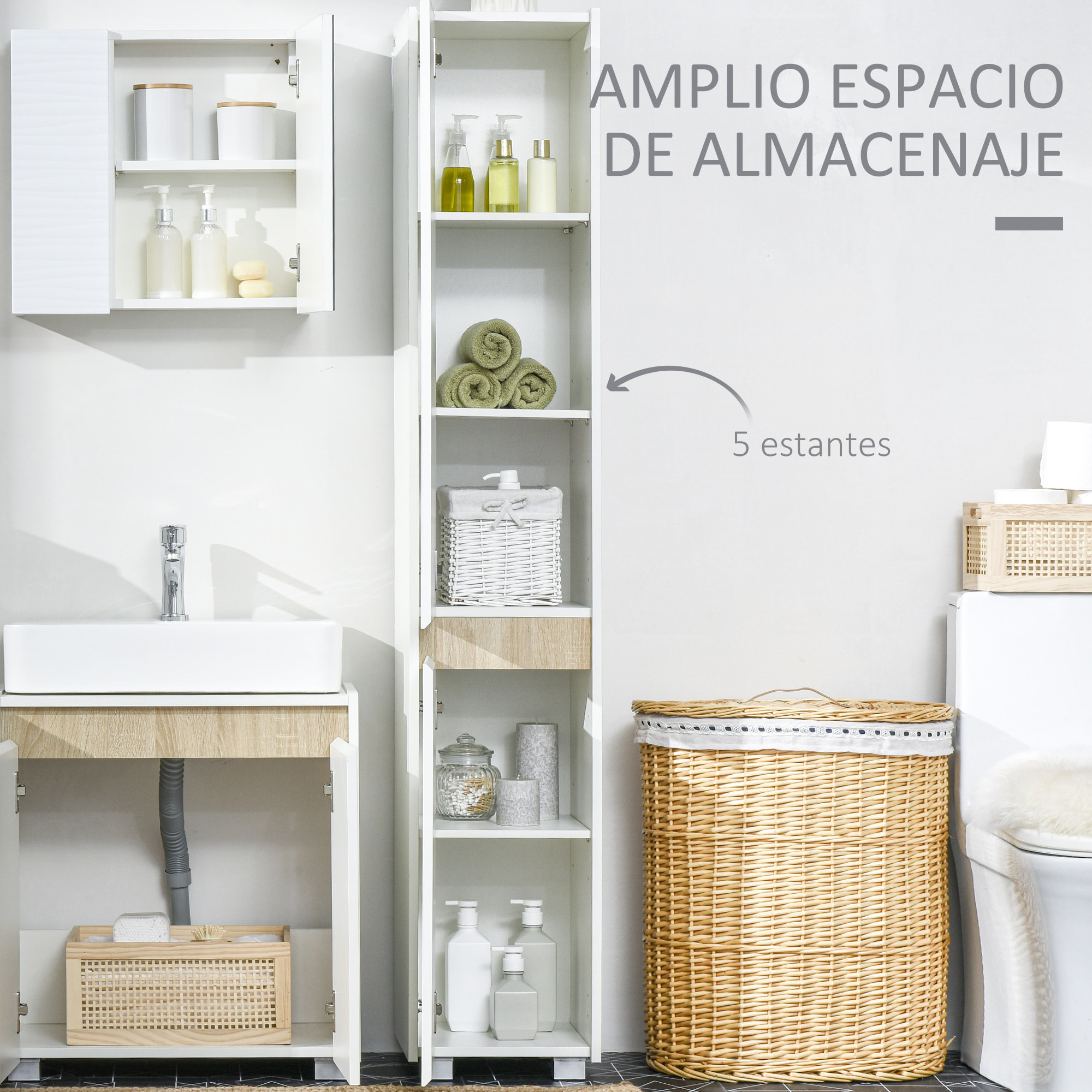Armario Alto de Baño de 5 Niveles con Estantes Ajustables 30x33x165 cm Blanco