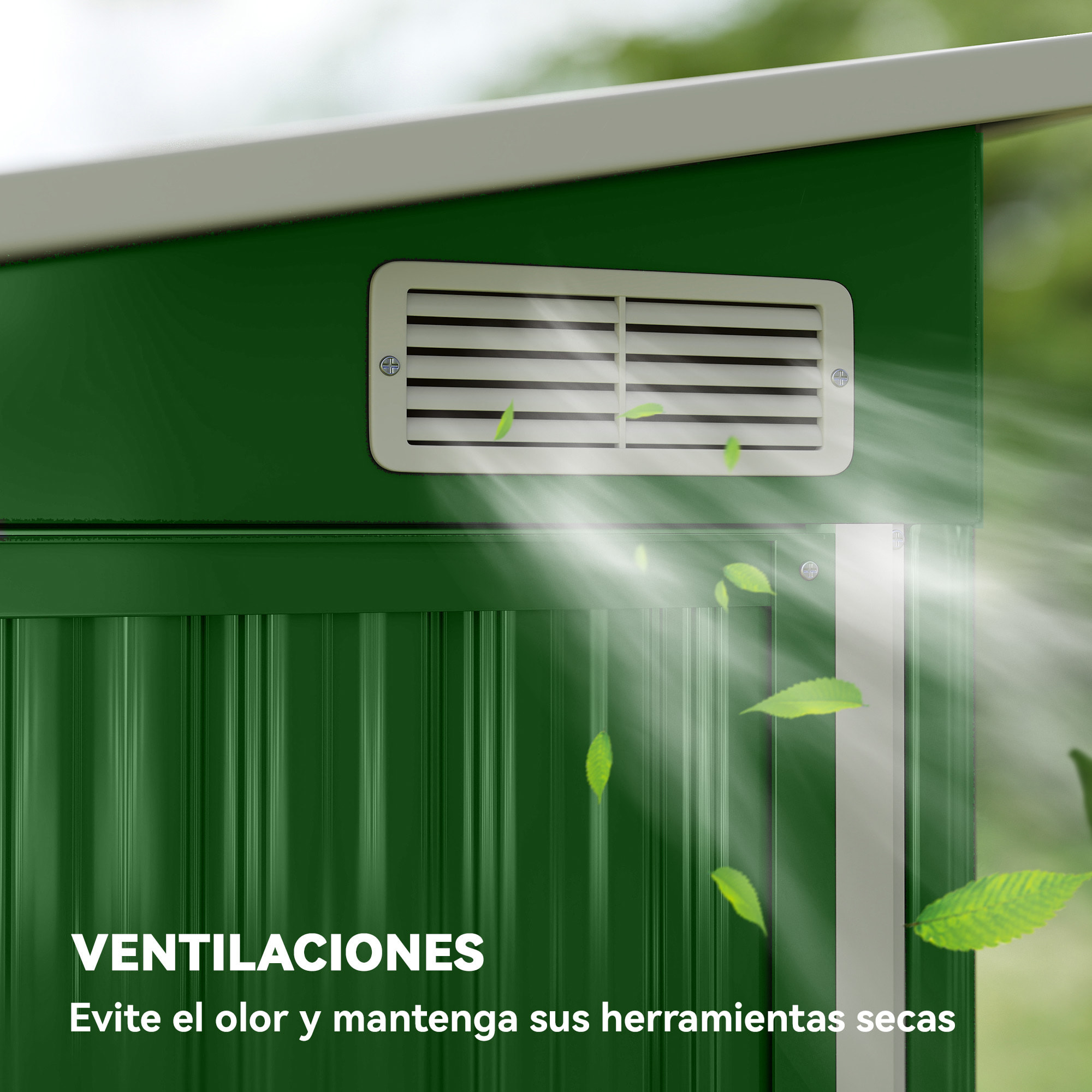 Caseta de Jardín Exterior 2,7 m², 234x132x185 cm, Cobertizo de Jardín Exterior Metálico con Triple Puerta, Cerradura, Techo Inclinado y Ventilación para Almacenamiento de Herramientas, Verde