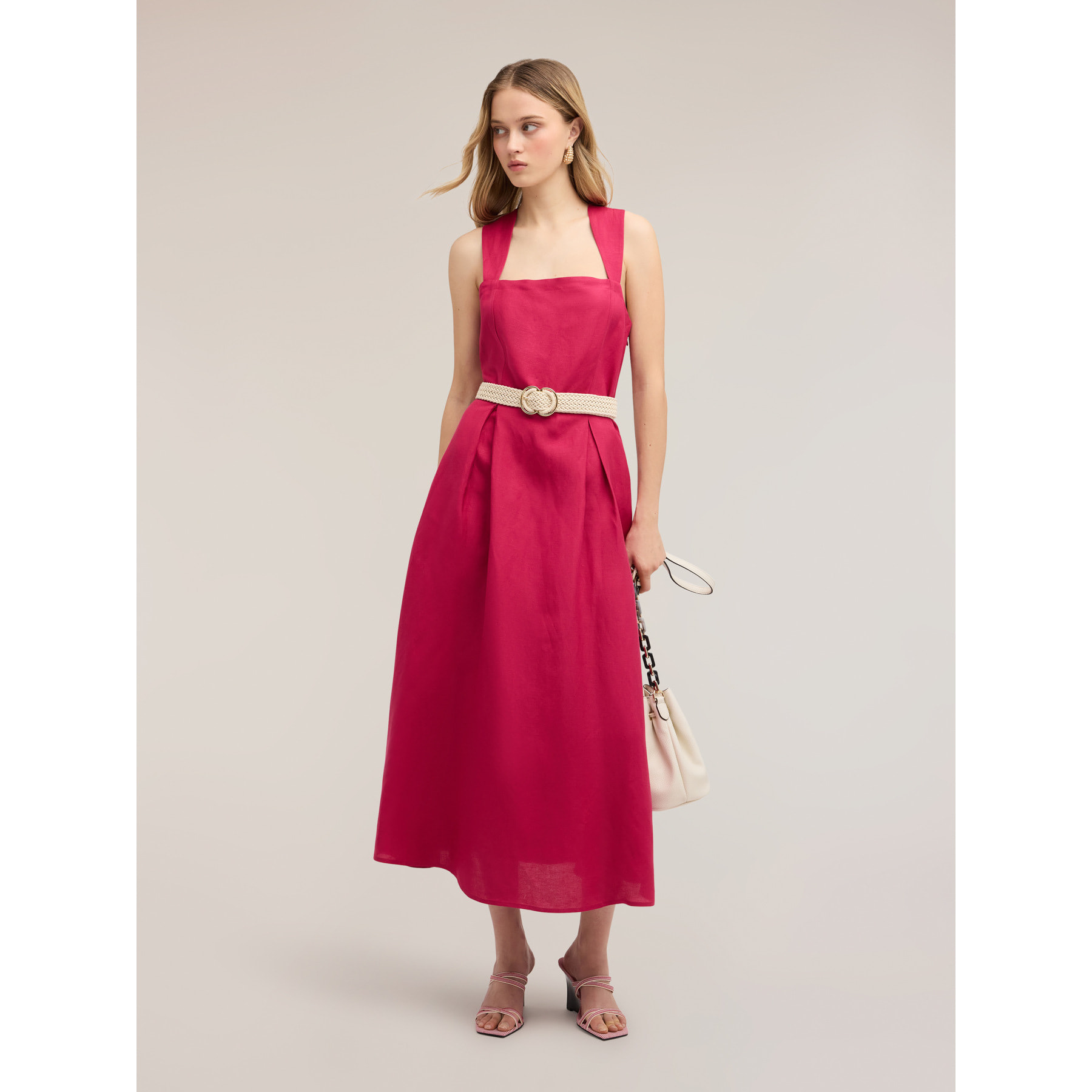 Motivi - Vestito con scollo quadrato in misto lino - Fucsia