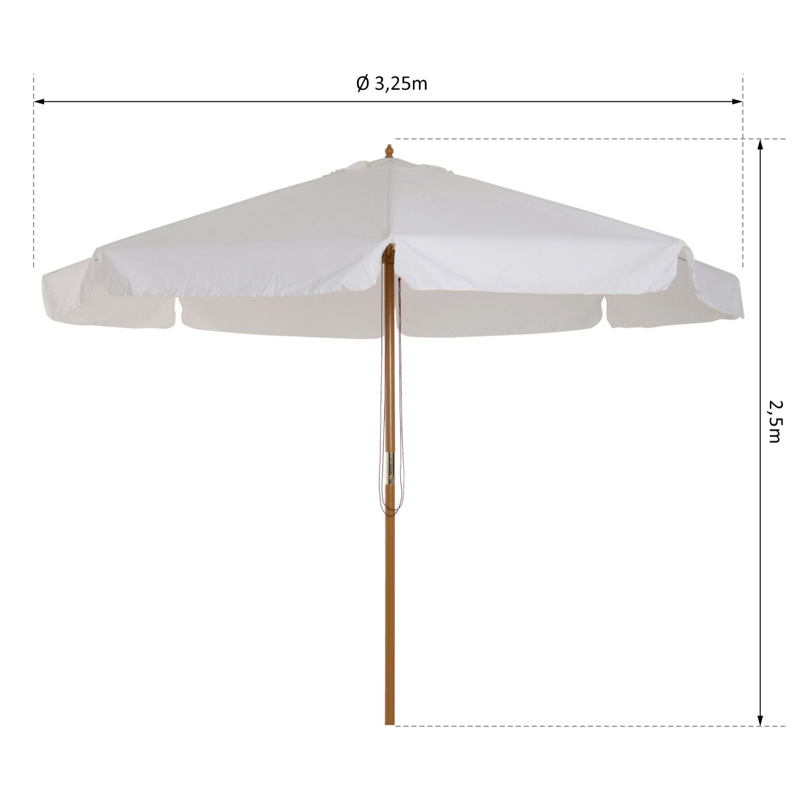 Parasol droit rond grande taille de jardin Ø 3,25 x 2,5H m bois de bambou polyester crème