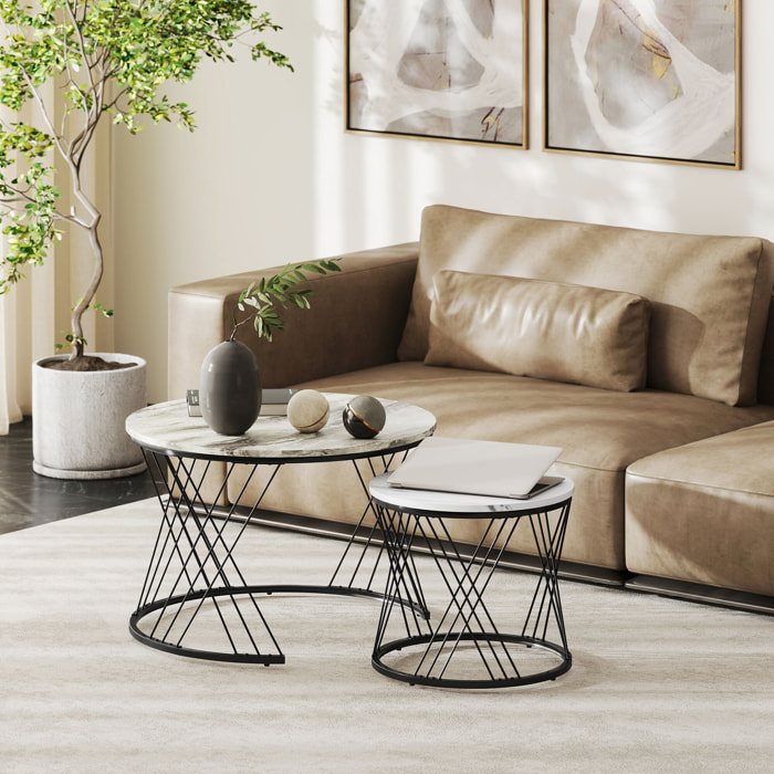 Lot de 2 tables basses design gigognes rondes dia. 70/44,5 cm métal noir effet marbre gris blanc