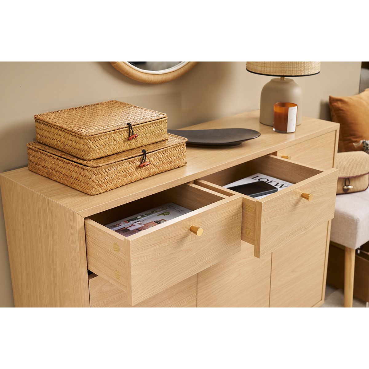 Meuble d'entrée -  meuble de rangements à chaussures finition bois clair chêne et métal doré L110 cm SILVESTRE