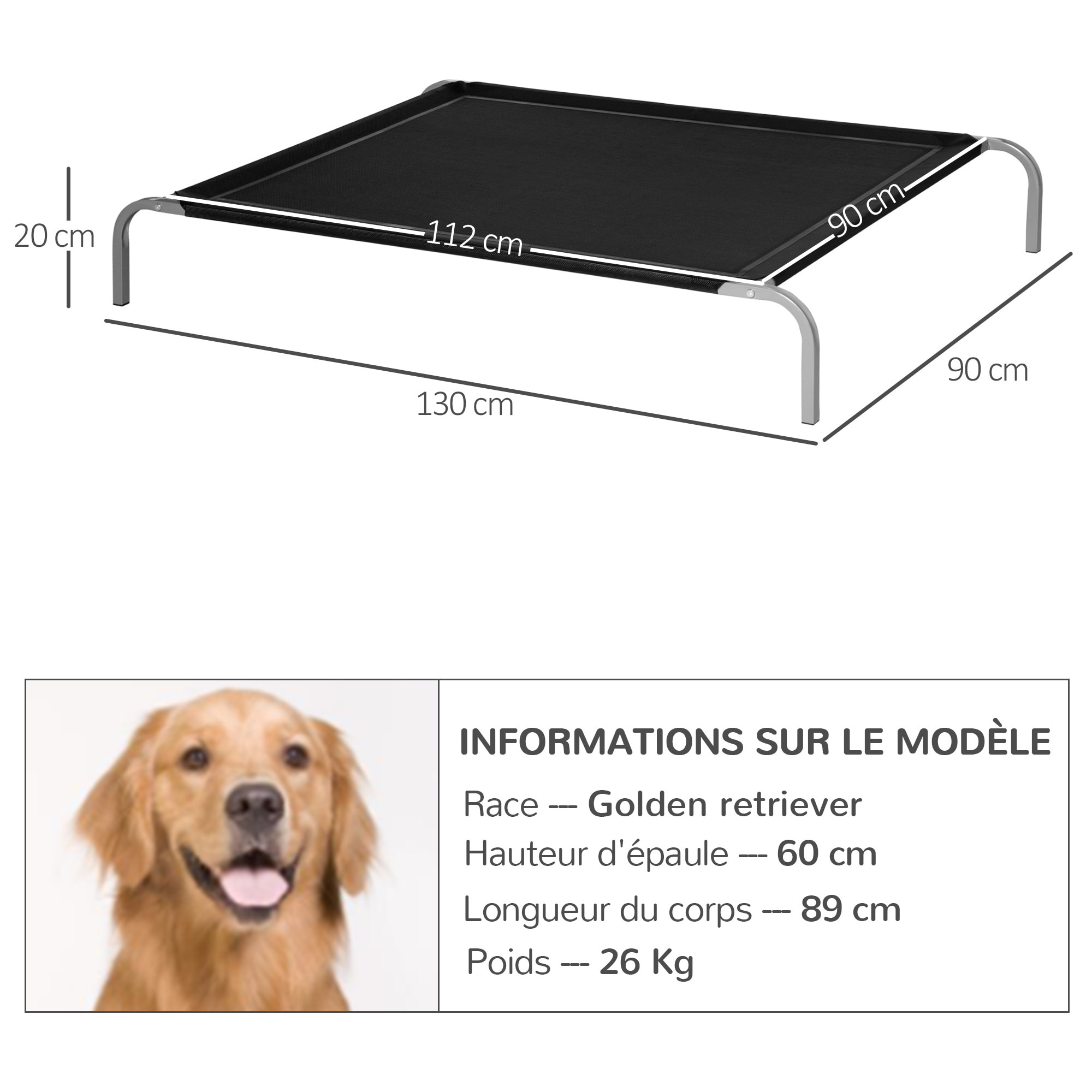 Lit pour chien chat XXL grand confort sur pied dim. 130L x 90l x 20H cm métal époxy textilène micro-perforé noir