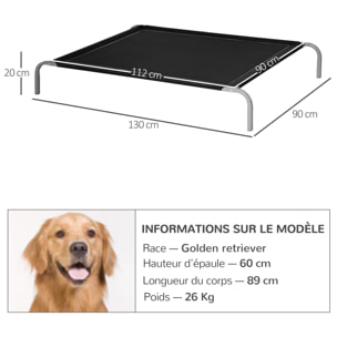 Lit pour chien chat XXL grand confort sur pied dim. 130L x 90l x 20H cm métal époxy textilène micro-perforé noir