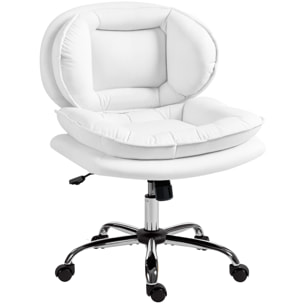 Silla de Oficina Piernas Cruzadas, Silla de Escritorio sin Brazos con Asiento Ancho, Ruedas, Altura Ajustable, Doble Acolchado, Giratoria, Función Basculante, Tapizada en PU, Blanco