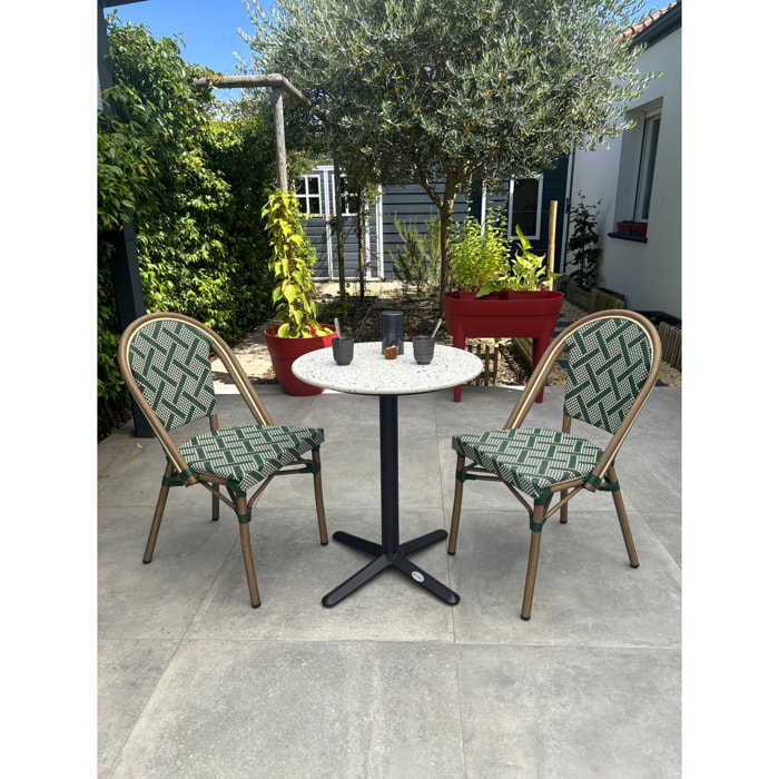 BISTRO - Ensemble repas de jardin 2 places en acier et plateau en terrazzo