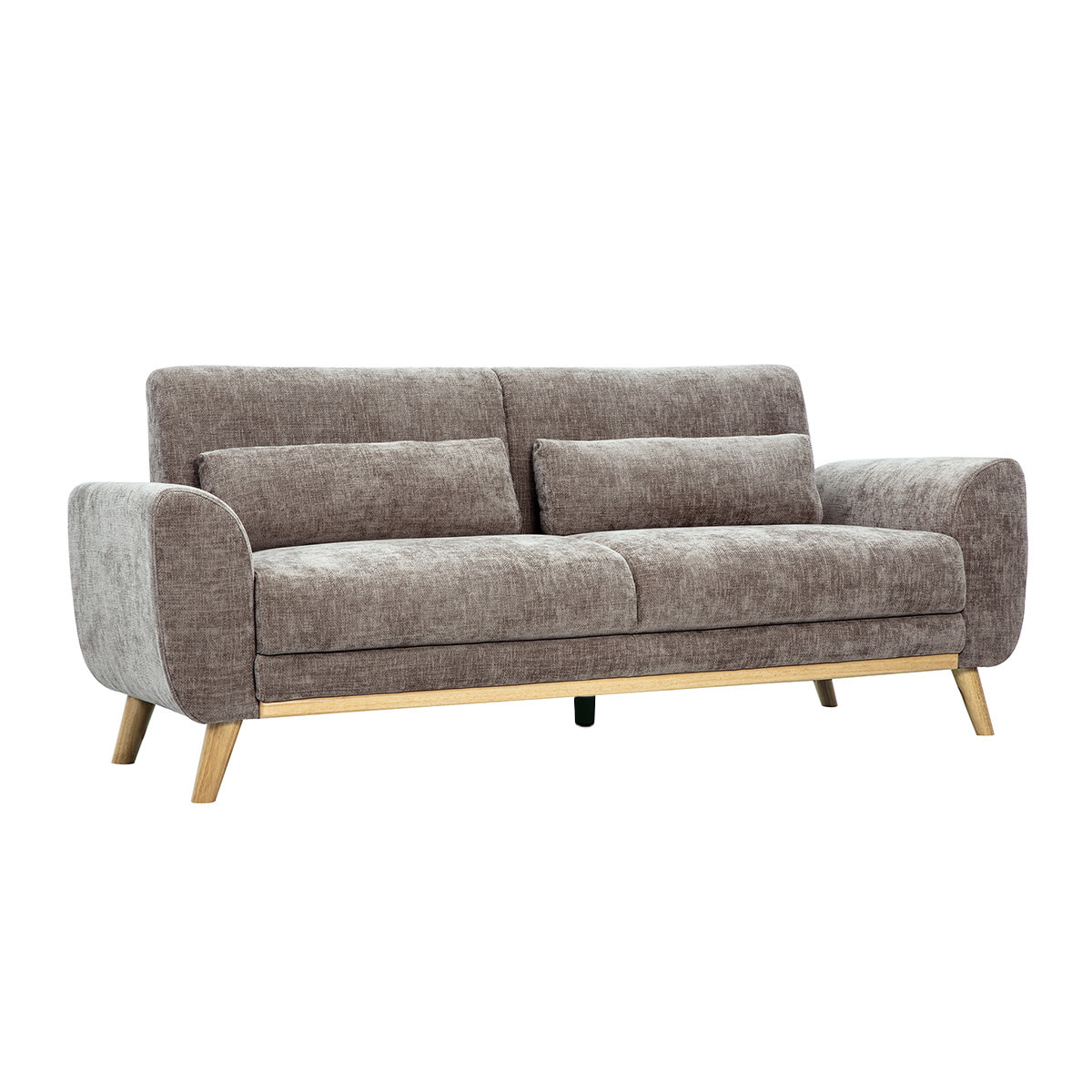 Canapé scandinave 3 places en tissu effet velours texturé taupe et bois clair EKTOR