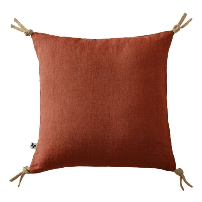 Coussin déhoussable avec pompons "Soline" Lin lavé 45 x 45 cm - Couleur: Soline Paprika