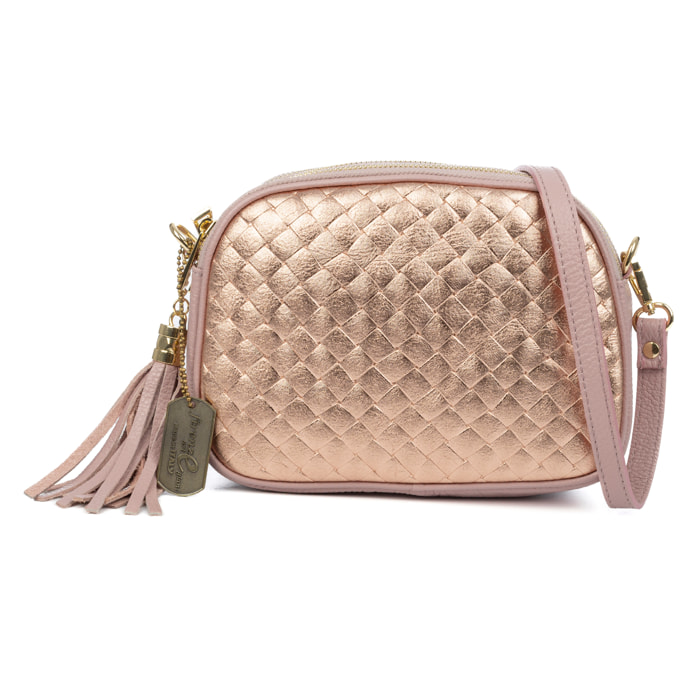 Aliminusa bolso bandolera Mujer. Piel auténtica Gamuza con grabado entrelazado y lacada brillante combinado con Dollaro.