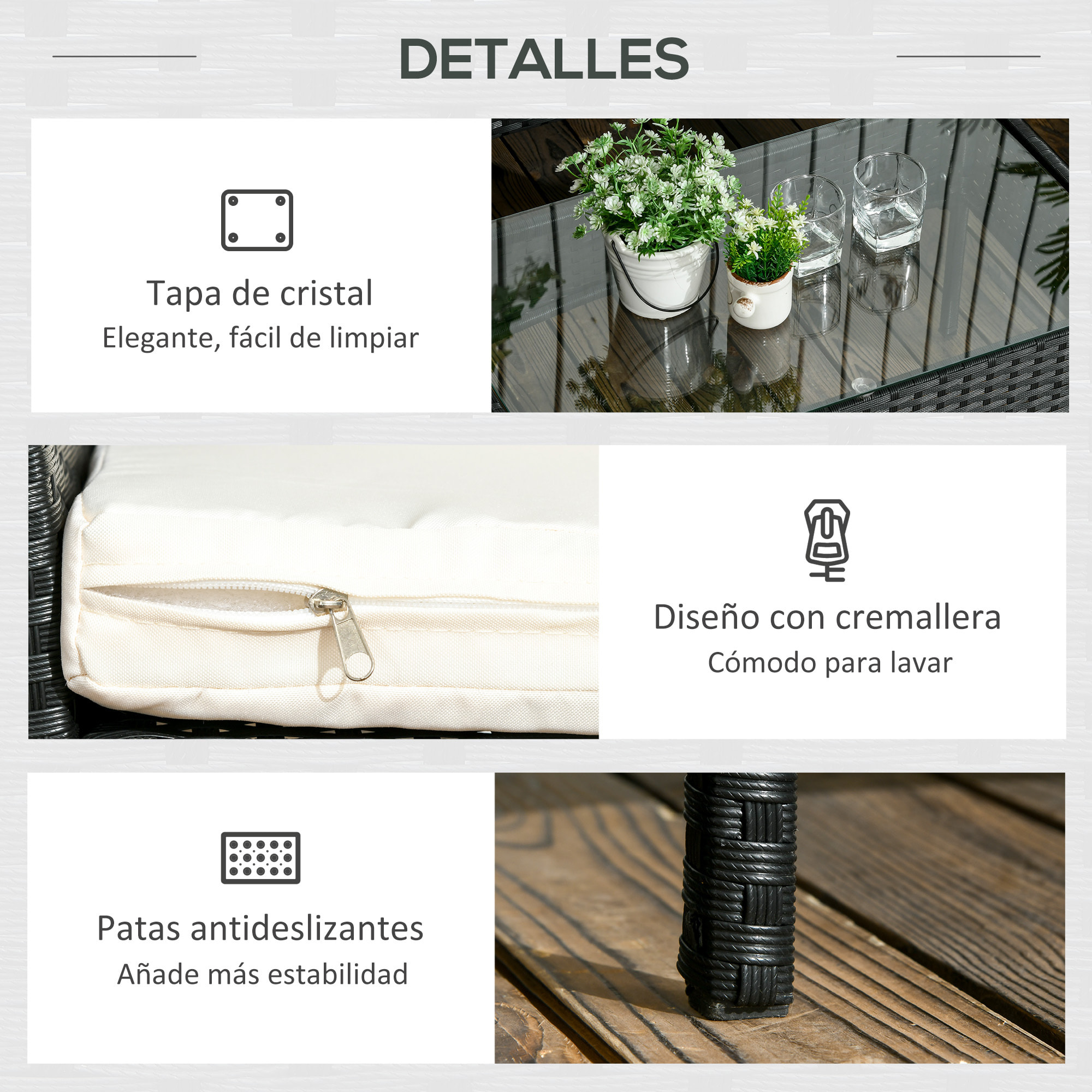 Outsunny Conjunto de Jardín de Ratán Sintético Juego de 4 Piezas Muebles de Jardín con 2 Sillones 1 Sofá de 2 Plazas 1 Mesa de Centro con Tablero de Vidrio y Cojines Negro y Crema