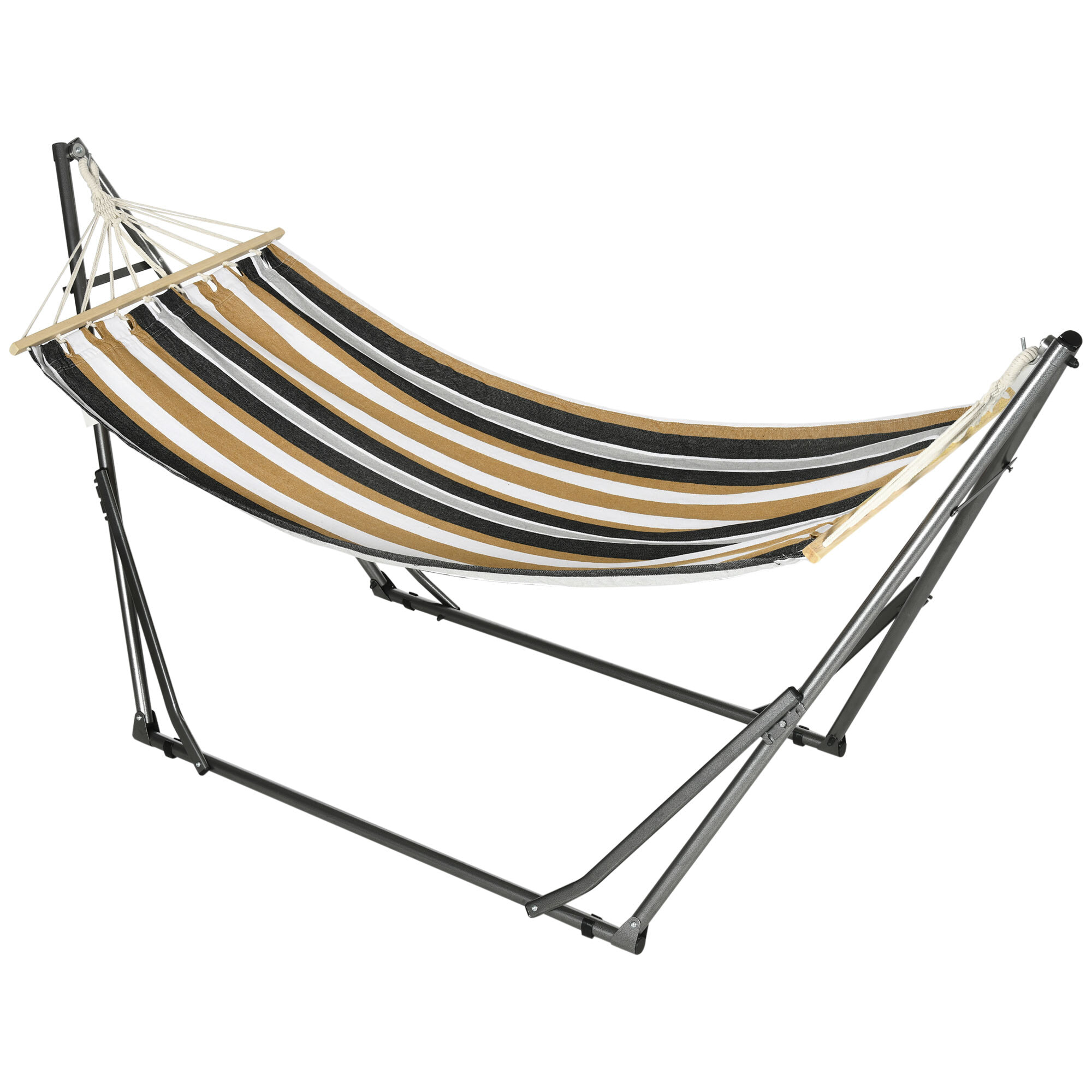 Hamac de jardin pliable avec support acier époxy et toile coton lin marron noir gris blanc