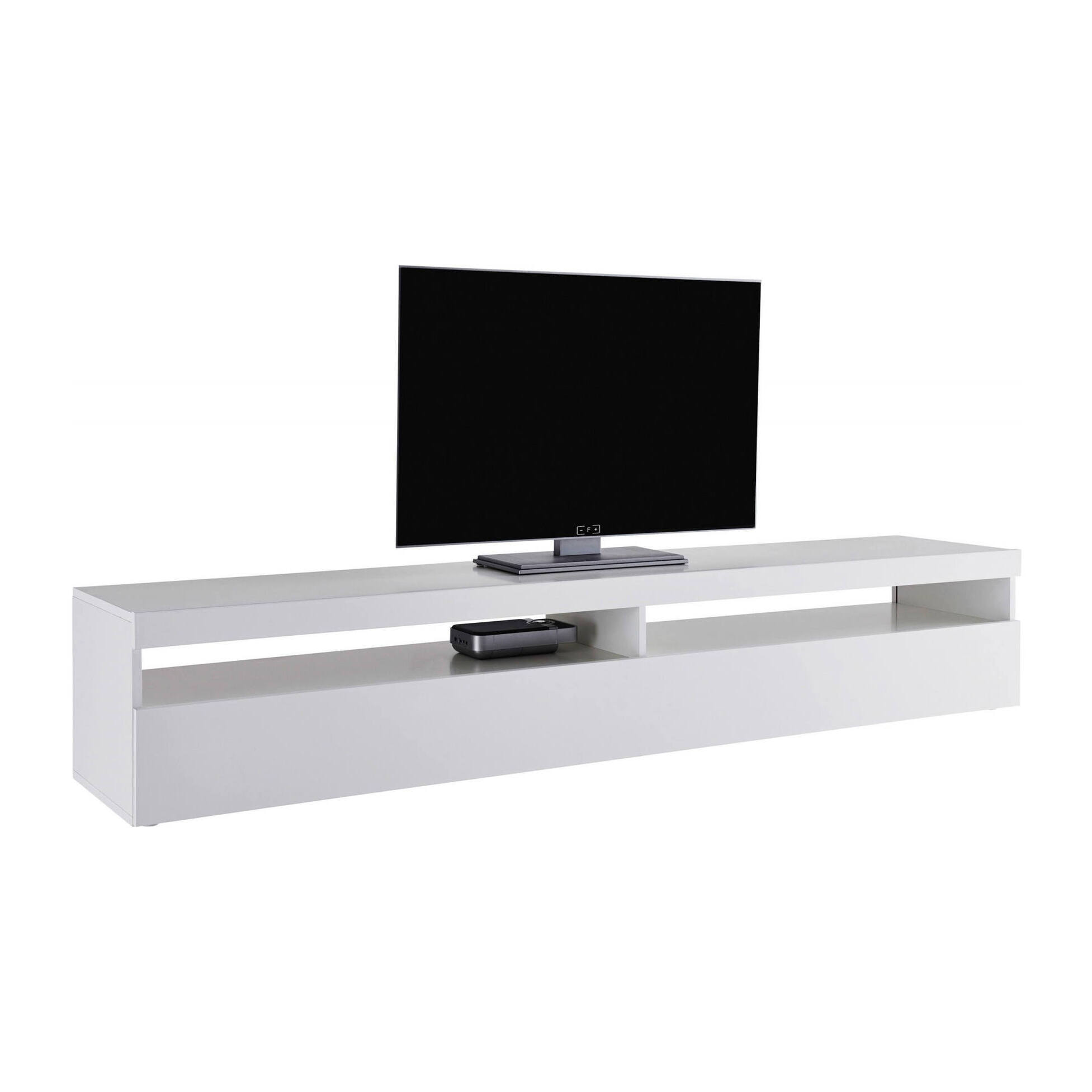 Mobile da soggiorno Porta TV, Made in Italy, Supporto per TV a 1 anta a ribalta e ripiani, cm 200x45h36, colore Bianco lucido, con luce LED bianca