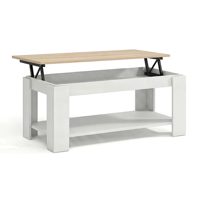 Mesa de centro elevable con almacenaje en blanco artik y roble canadian 102x43-54 cm Lya Blanco Artik (Blanco Mate) - Roble Canadian