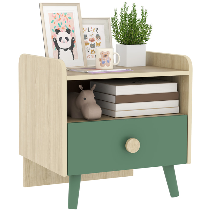 Chevet table de nuit enfant style nordique - tiroir, niche, plateau - aspect bois vert