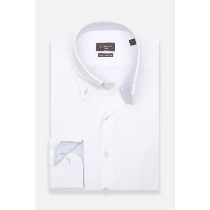 Camicia Uomo 2 Bottoni Button Down Slim Popeline Stretch Unito Bianco